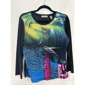 I.e. Relaxed Tropical Paisley Print Long Sleeve Black‎ Crew Neck Womens Tunic L
